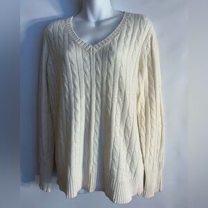 JCP MERINO WOOL NYLON AND VISCOSE V-NECK CABLE KNIT IVORY CREAM SWEATER WOMEN XL